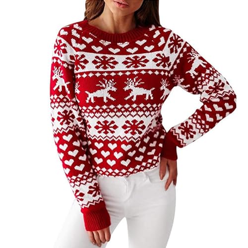 Jarseila Damen Weihnachtspullover Lustig Strickpullover Herren Christmas Sweater Chunky Gestrickter Pullover Rentier Schneeflocke für Party Weihnachten Geschenk Rot L von Jarseila