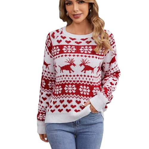 Jarseila Damen Weihnachtspullover Lustig Strickpullover Herren Christmas Sweater Chunky Gestrickter Pullover Rentier Schneeflocke für Party Weihnachten Geschenk Weiß L von Jarseila