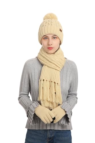 Jarseila Damen Winter Warme Mütze und Schal Set Fleece Slouch Strickschal Beanie Mütze Lang Winterschal und Touchscreen Handschuhe Geschenk Beige von Jarseila