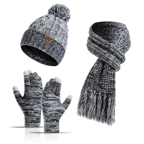 Jarseila Damen Winter Warme Mütze und Schal Set Fleece Slouch Strickschal Beanie Mütze Lang Winterschal und Touchscreen Handschuhe Geschenk Marineblau von Jarseila