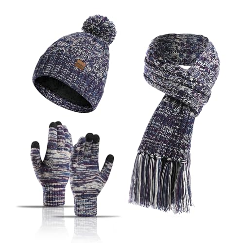 Jarseila Damen Winter Warme Mütze und Schal Set Fleece Slouch Strickschal Beanie Mütze Lang Winterschal und Touchscreen Handschuhe Geschenk Violett von Jarseila