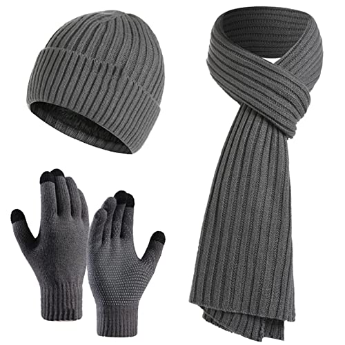 Jarseila Herren Mütze Schal und Handschuhe Set Winter Warme Wintermütze Touchscreen Handschuhe Winterschal Beanie mit Fleecefutter Strickmütze Unisex Grau von Jarseila