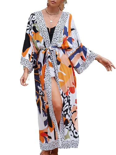 Jarseila Kaftan Damen Strandkleider Lange Strickjacke Boho Kimono Cardigan Strand Sommer Bikini Cover Up Maxikleid Casual Weiße Blätter #10 von Jarseila