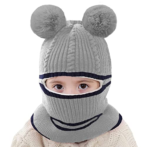 Jarseila Kinder Mütze Schal Set Mädchen Wintermütze Baby Warm Niedlich Schlupfmütze mit Bommel Beanie Jungen Strickmütze 2-5 Jahren Grau von Jarseila