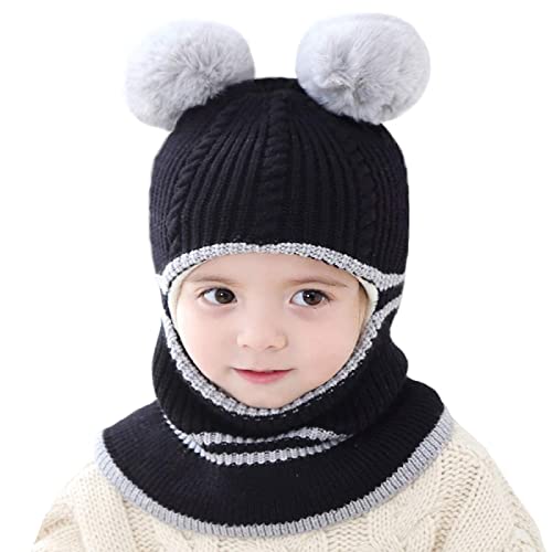 Jarseila Kinder Mütze Schal Set Mädchen Wintermütze Baby Warm Niedlich Schlupfmütze mit Bommel Beanie Jungen Strickmütze 2-5 Jahren Schwarz von Jarseila