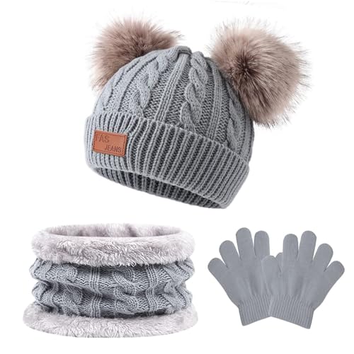 Jarseila Kinder Wintermütze Schal Handschuhe 3 in 1 Set Warme Winter Jungen Mädchen Strickmütze Mütze Beanie Winterschal 1-5 Jahre Baby #A-Grau von Jarseila