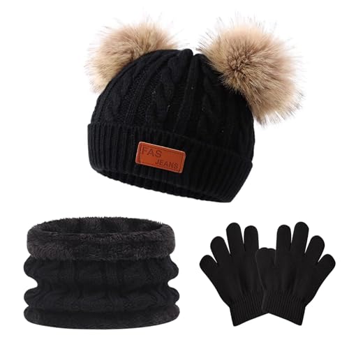 Jarseila Kinder Wintermütze Schal Handschuhe 3 in 1 Set Warme Winter Jungen Mädchen Strickmütze Mütze Beanie Winterschal 1-5 Jahre Baby #A-Schwarz von Jarseila