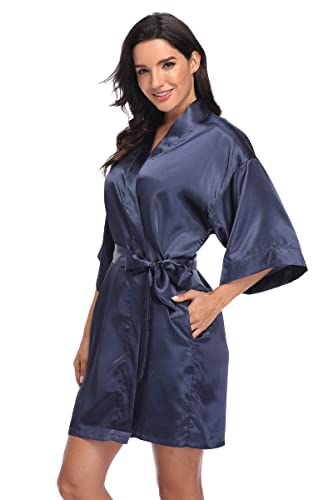 Jarseila Morgenmantel Damen Satin Kimono Robe Bademantel Kurz Weiter Ärmel Robe Kimono mit Gürtel V-Ausschnitt Nachthemd Blau L von Jarseila