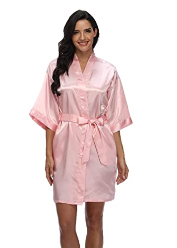 Jarseila Morgenmantel Damen Satin Kimono Robe Bademantel Kurz Weiter Ärmel Robe Kimono mit Gürtel V-Ausschnitt Nachthemd Rosa M von Jarseila