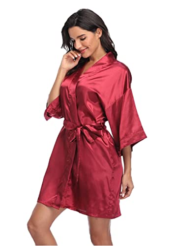 Jarseila Morgenmantel Damen Satin Kimono Robe Bademantel Kurz Weiter Ärmel Robe Kimono mit Gürtel V-Ausschnitt Nachthemd Rot L von Jarseila