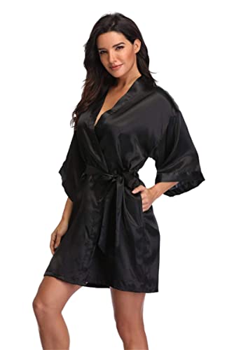 Jarseila Morgenmantel Damen Satin Kimono Robe Bademantel Kurz Weiter Ärmel Robe Kimono mit Gürtel V-Ausschnitt Nachthemd Schwarz L von Jarseila