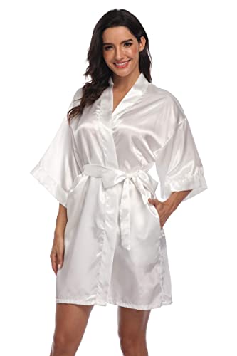 Jarseila Morgenmantel Damen Satin Kimono Robe Bademantel Kurz Weiter Ärmel Robe Kimono mit Gürtel V-Ausschnitt Nachthemd Weiß S von Jarseila