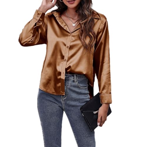 Jarseila Satin Bluse Damen Casual Seidenbluse Elegant Langarmshirt V-Ausschnitt Oberteile Damen Top Hemden Einfarbig Braun M von Jarseila
