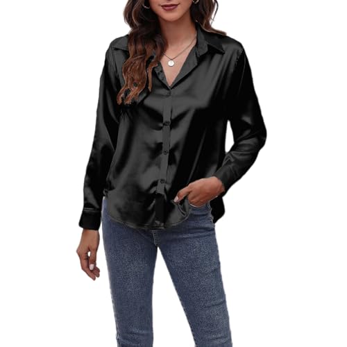 Jarseila Satin Bluse Damen Casual Seidenbluse Elegant Langarmshirt V-Ausschnitt Oberteile Damen Top Hemden Einfarbig Schwarz XL von Jarseila