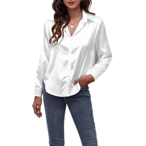 Jarseila Satin Bluse Damen Casual Seidenbluse Elegant Langarmshirt V-Ausschnitt Oberteile Damen Top Hemden Einfarbig Weiß M von Jarseila