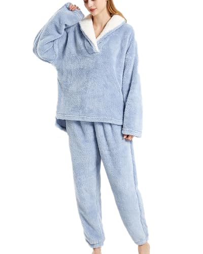 Jarseila Schlafanzug Set Damen Lang Kapuzenpullover Winter Warm Hausanzug Fleece Pyjama Set 2 Teiler Pullover und Sweatpants Komfortable Loungewear Hoodie Blau XL Jarseila Schlafanzug Set Damen Lang Kapuzenpullover Winter Warm Hausanzug Fleece Pyjama Set 2 Teiler Pullover und Sweatpants Komfortable Loungewear Hoodie Blau XL von Jarseila