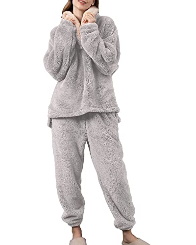 Jarseila Schlafanzug Set Damen Lang Kapuzenpullover Winter Warm Hausanzug Fleece Pyjama Set 2 Teiler Pullover und Sweatpants Komfortable Loungewear Hoodie Grau XXL von Jarseila