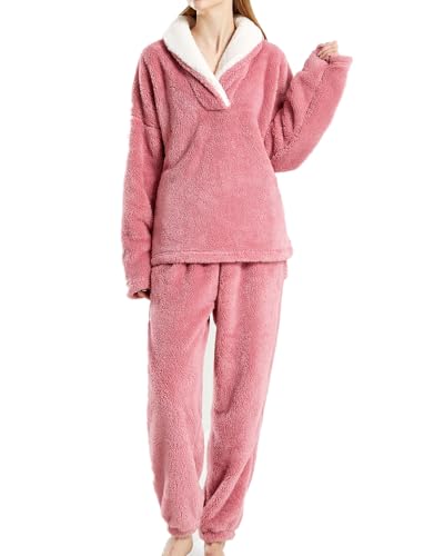 Jarseila Schlafanzug Set Damen Lang Kapuzenpullover Winter Warm Hausanzug Fleece Pyjama Set 2 Teiler Pullover und Sweatpants Komfortable Loungewear Hoodie Rosa M von Jarseila