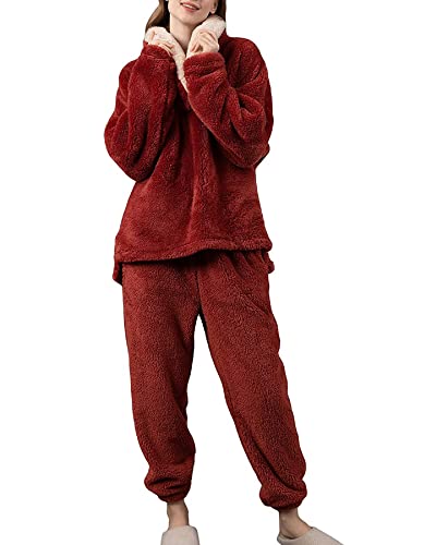 Jarseila Schlafanzug Set Damen Lang Kapuzenpullover Winter Warm Hausanzug Fleece Pyjama Set 2 Teiler Pullover und Sweatpants Komfortable Loungewear Hoodie Rot XL von Jarseila