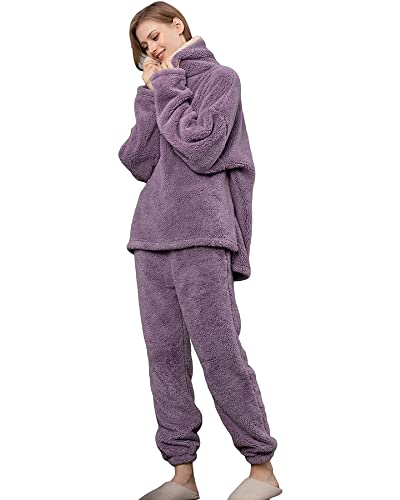 Jarseila Schlafanzug Set Damen Lang Kapuzenpullover Winter Warm Hausanzug Fleece Pyjama Set 2 Teiler Pullover und Sweatpants Komfortable Loungewear Hoodie Violett M von Jarseila