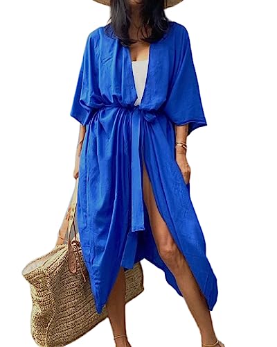 Jarseila Strandkleid Damen Sommer Kaftan Cardigan Lose Strand Strickjacke Bikini Cover Up Casual Maxi Strandkleid Elegante Beachwear Blau von Jarseila