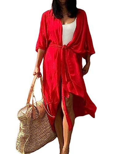 Jarseila Strandkleid Damen Sommer Kaftan Cardigan Lose Strand Strickjacke Bikini Cover Up Casual Maxi Strandkleid Elegante Beachwear Rot von Jarseila