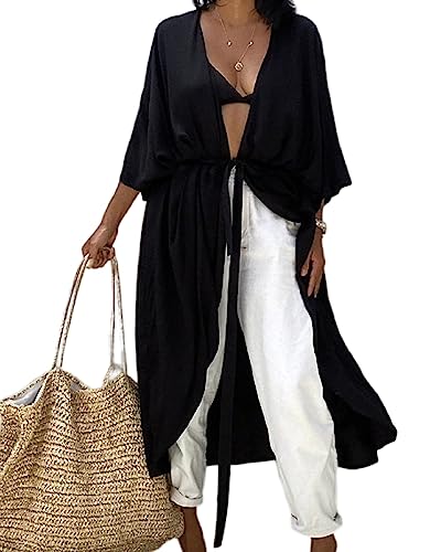 Jarseila Strandkleid Damen Sommer Kaftan Cardigan Lose Strand Strickjacke Bikini Cover Up Casual Maxi Strandkleid Elegante Beachwear Schwarz von Jarseila