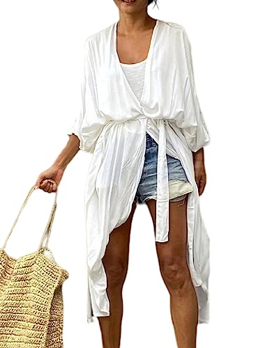 Jarseila Strandkleid Damen Sommer Kaftan Cardigan Lose Strand Strickjacke Bikini Cover Up Casual Maxi Strandkleid Elegante Beachwear Weiß von Jarseila