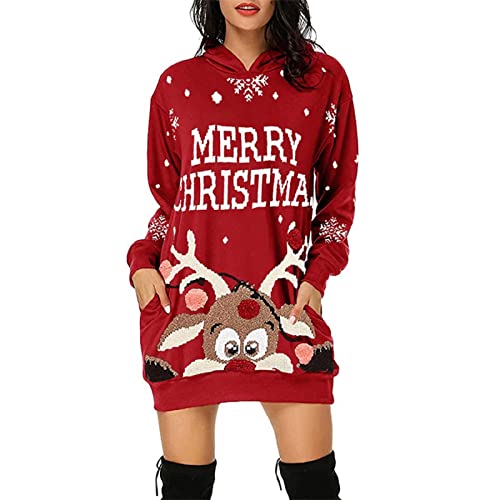 Jarseila Weihnachtspullover Damen Lustig Christmas Sweater Übergröße Pullover Rundhalsausschnitt Hoodie Xmas Rentier Schneeflocke Weihnachten Geschenk Rentier - Rot XL von Jarseila