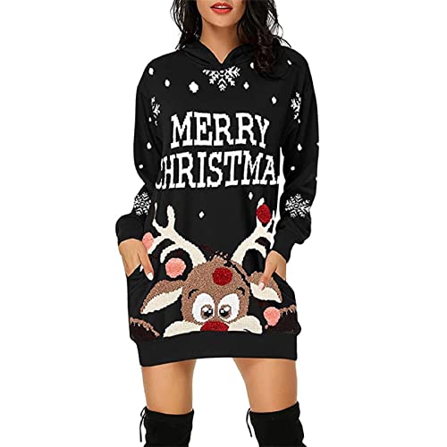 Jarseila Weihnachtspullover Damen Lustig Christmas Sweater Übergröße Pullover Rundhalsausschnitt Hoodie Xmas Rentier Schneeflocke Weihnachten Geschenk Rentier - Schwarz XL von Jarseila