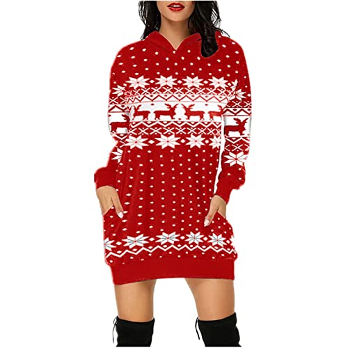 Jarseila Weihnachtspullover Damen Lustig Christmas Sweater Übergröße Pullover Rundhalsausschnitt Hoodie Xmas Rentier Schneeflocke Weihnachten Geschenk Schneeflocke - Rot L von Jarseila