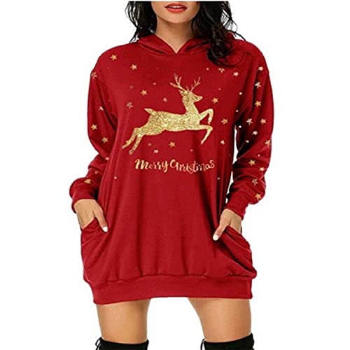 Jarseila Weihnachtspullover Damen Lustig Christmas Sweater Übergröße Pullover Rundhalsausschnitt Hoodie Xmas Rentier Schneeflocke Weihnachten Geschenk Goldener Rentier - Rot M von Jarseila