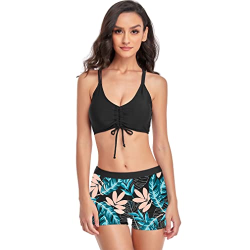 Jarseila Zweiteiliger Badeanzug Damen Bikini Set Blumenmuster Bikini Hosen Push Up Bikini Top Badeanzug Oberteil Sommer Badeshorts, Schwarz, L von Jarseila