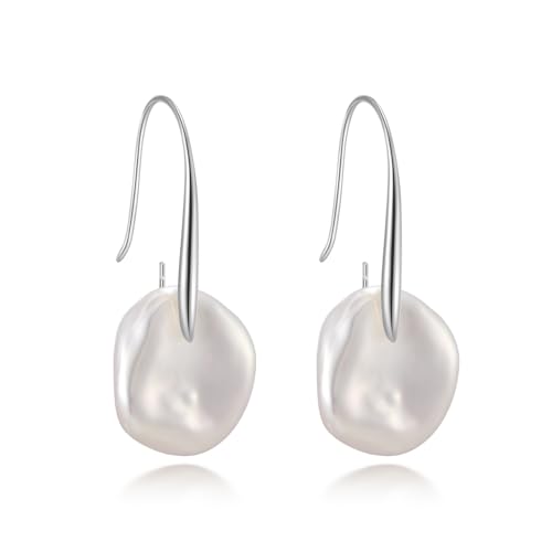JaruJaru 15mm Statement Drop Earrings, S925 Sterling Silver White Gold Plated Ear Hooks, Large Freshwater Naturally Formed Baroque/Keshi Irrgular Pearls, Dates, Bridal Events, and Daily Wear von JaruJaru