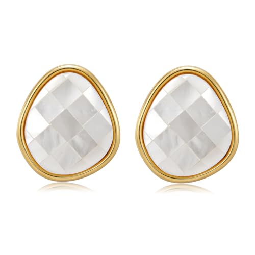 JaruJaru Geometric Mother-of-Pearl Stud Earrings - Gold Plated Mosaic Shell Earrings, 2.5cm Bold Statement Earrings for Women von JaruJaru