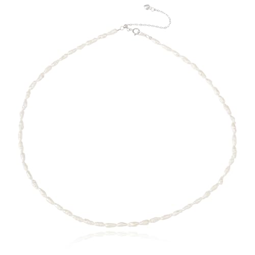 JaruJaru Long Stick Keshi Pearl Necklace – 3mm Tiny White Freshwater Pearls, 925 Sterling Silver Adjustable Chain (40-45cm), Dainty Layering Necklace for Women von JaruJaru