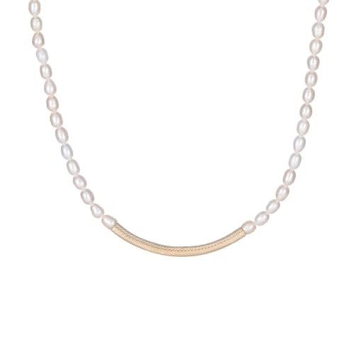JaruJaru Small Pearl Necklace for Women, Natural Cultured Freshwater Pearls and 14K Gold-plated Smile Curve Bar, Dainty Simple Jewelry, Adjustable Length, Perfect for Minimalist Style von JaruJaru