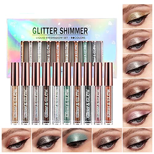 JasCherry 10 Farben Flüssiger Lidschatten Glitzer Makeup Schimmer Metallic Kosmetik - Satte Farben Eyeshadow Lipgloss für Party, Cosplay, Maskerade, Flash Tattoos #1 von JasCherry