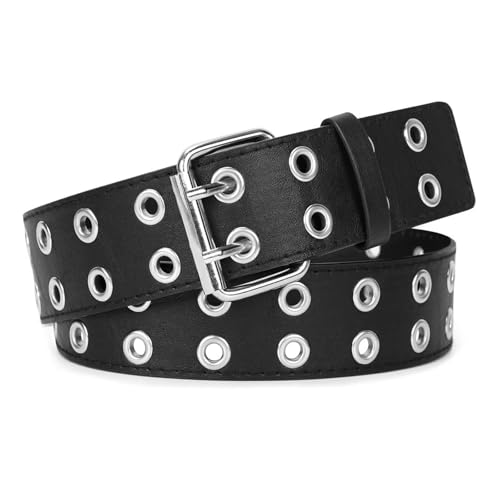 JASGOOD 2 Stück Doppelösen Gürtel PU-Leder Gürtel für Damen/Herren Halloween Punk Jeans 2 Loch Gürtel breit 3,8 cm, 02-schwarz, M: Fit Wasit up to 40 Inch von JasGood
