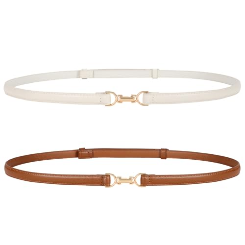 JasGood 2 Stück Damen Dünne Taille Gürtel Skinny Kunstleder Gürtel Mit Einstellbarer Gold Schnalle für Kleider Jeans von JasGood