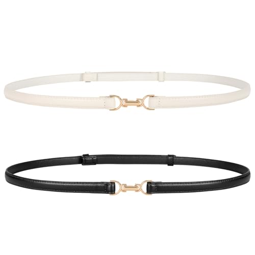 JasGood 2 Stück Damen Dünne Taille Gürtel Skinny Kunstleder Gürtel Mit Einstellbarer Gold Schnalle für Kleider Jeans von JasGood