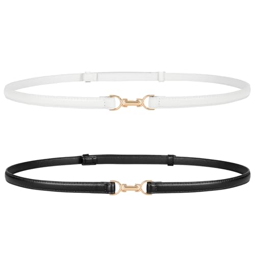 JasGood 2 Stück Damen Dünne Taille Gürtel Skinny Kunstleder Gürtel Mit Einstellbarer Gold Schnalle für Kleider Jeans von JasGood