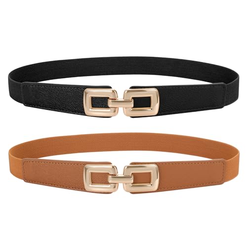 JasGood 2 Stück Dünn Elastisch Gürtel für Damen Dünne Taille Dehnbar Gürtel mit Metall Schnalle für Kleid Jeans Hose von JasGood