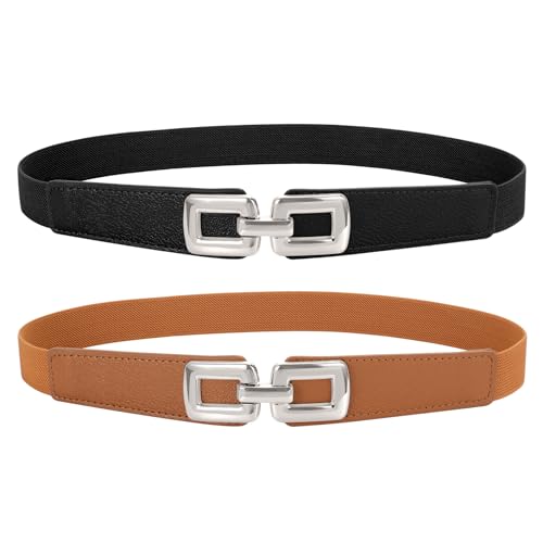 JasGood 2 Stück Dünn Elastisch Gürtel für Damen Dünne Taille Dehnbar Gürtel mit Metall Schnalle für Kleid Jeans Hose von JasGood