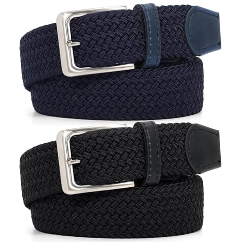 JasGood 2 Stück Geflochtener Elastischer Gürtel für Damen Herren, Unisex Stoffgürtel Stretchgürtel Dehnbarer Gürtel für Jeans Hosen,Schwarz+Blau,145cm von JasGood