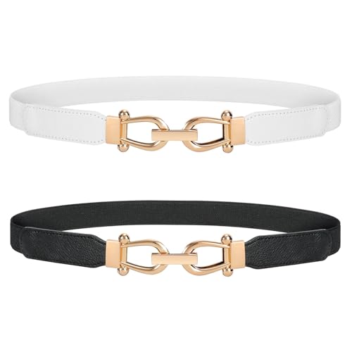 JasGood 2 Stück Skinny Elastischer Taillengürtel - Dünner Damen Vintage Mode Dehnbarer Stretch Gürtel Mit Goldener Schnalle von JasGood