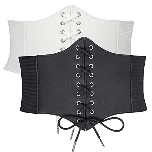 JasGood 2 Stück Damen Korsett Gürtel Schnürkorsett Elastischen Breiten Band, Gebundener Waspie Taille Gürtel Hüftgurt für Damen,Schwarz/Weiß,73cm(Anzug für Taille 66cm-74cm) von JasGood