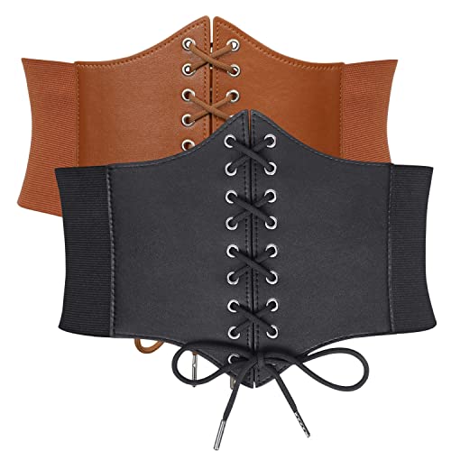 JasGood 2 Stück Damen Korsett Gürtel Schnürkorsett Elastischen Breiten Band, Gebundener Waspie Taille Gürtel Hüftgurt für Damen,Schwarz/Braun,103cm(Anzug für Taille 98cm-109cm) von JasGood