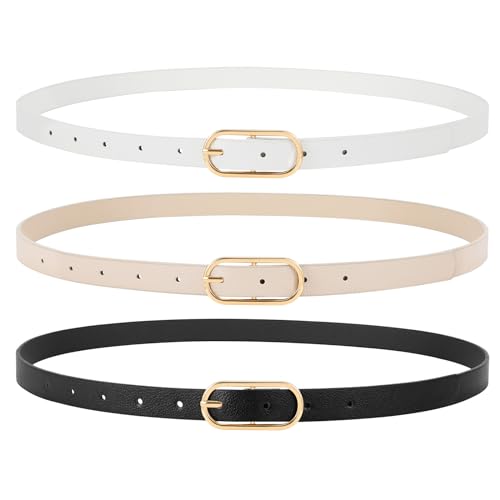 JasGood 3 Stück Damen Skinny Leder Gürtel für Kleid Hosen Jeans Damen Dünne Taille Gürtel mit Gold Schnalle,Schwarz+Beige+Weiß von JasGood