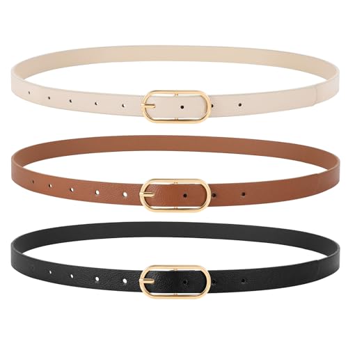 JasGood 3 Stück Damen Skinny Leder Gürtel für Kleid Hosen Jeans Damen Dünne Taille Gürtel mit Gold Schnalle,Schwarz+Braun+Beige von JasGood